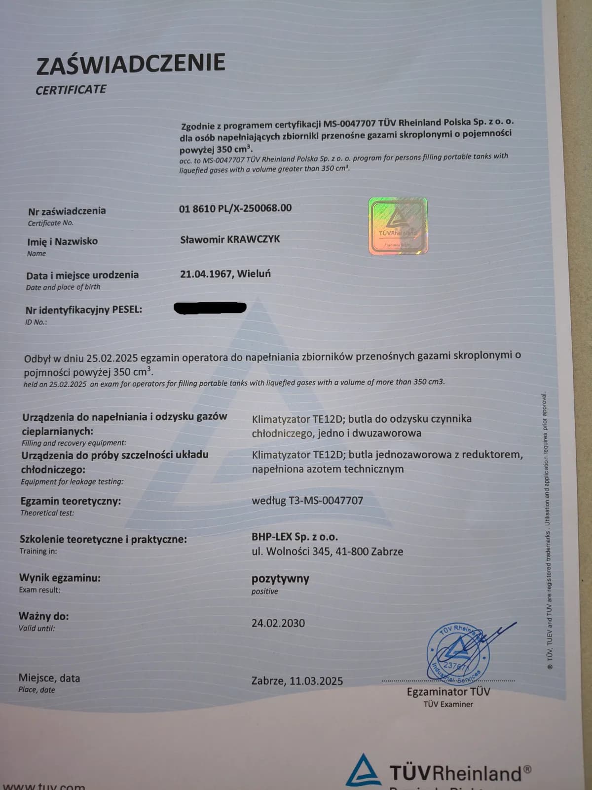 Certyfikat ukończenia szkolenia z montażu i serwisu klimatyzacji wydany przez TÜV Rheinland — Klimave