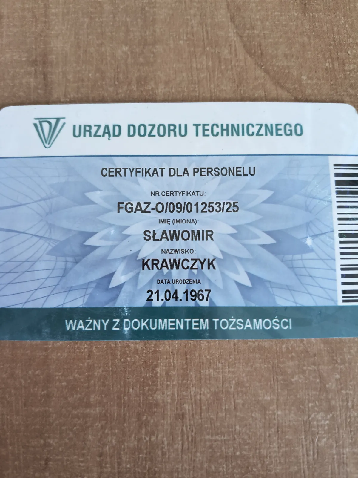 Certyfikat F-gazowy UDT dla Sławomira Krawczyka uprawniający do montażu i serwisu klimatyzacji — Klimave