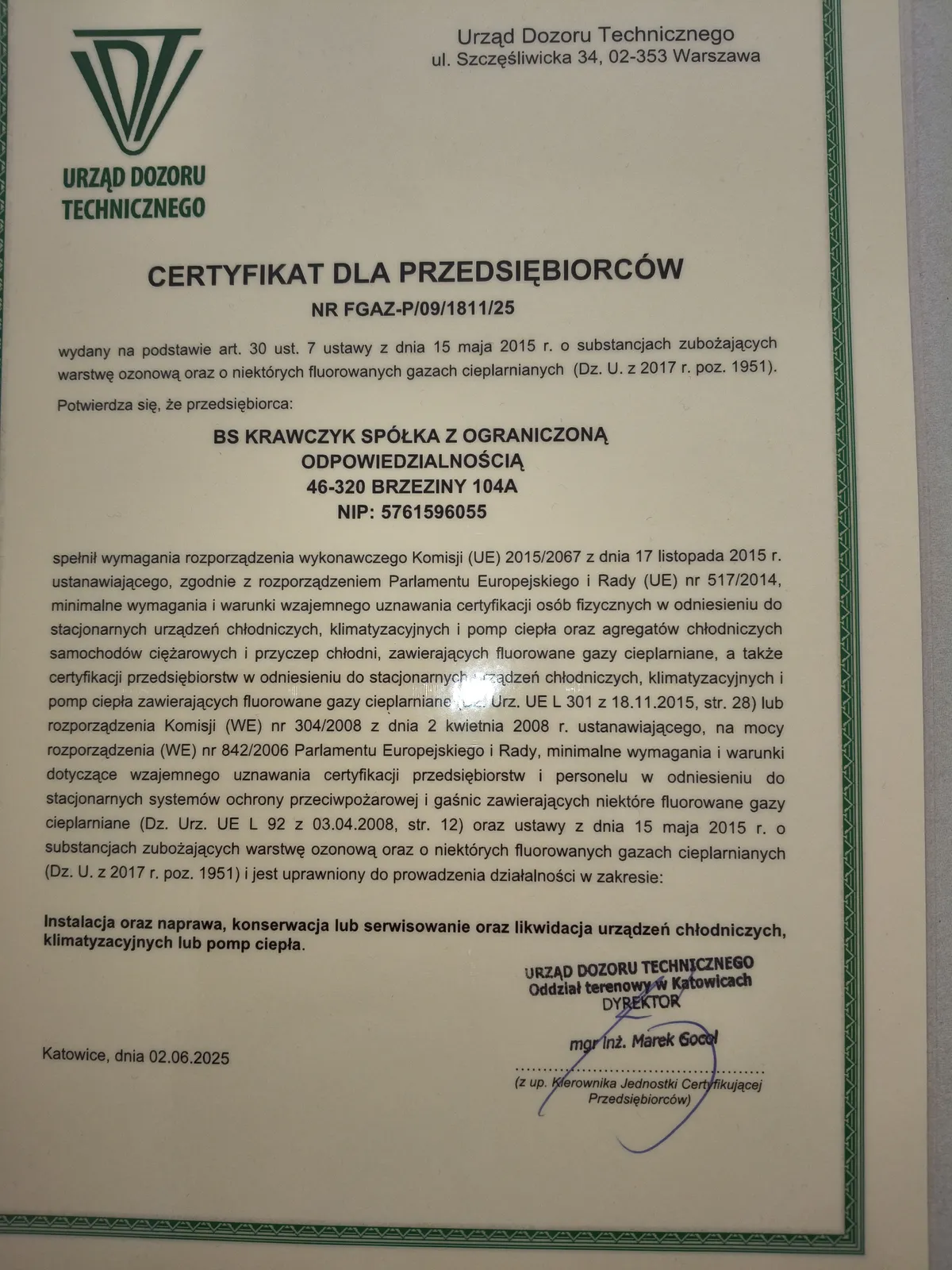 Certyfikat UDT dla firmy BS KRAWCZYK Sp. z o.o. potwierdzający uprawnienia do obsługi fluorowanych gazów cieplarnianych — Klimave